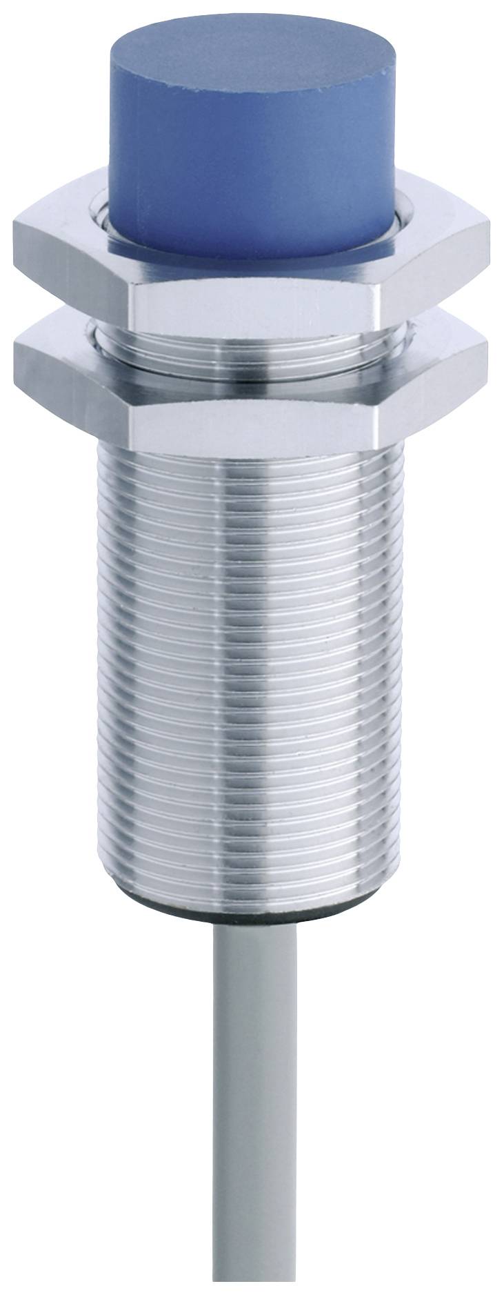 Un capteur cylindrique en argent avec un embout bleu et un filetage pour la fixation, relié à un câble gris.