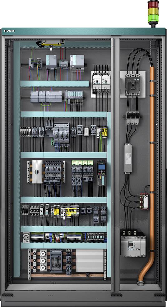 Un armoire électrique ouverte avec divers composants électriques et câbles ; des voyants de contrôle sont visibles en haut.