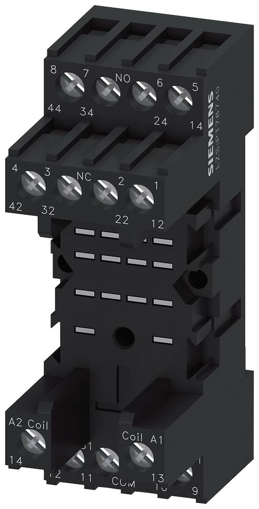 Un module de relais à socle noir avec bornes à vis, conçu pour une utilisation industrielle. Numéro de modèle et marque imprimés sur le côté.