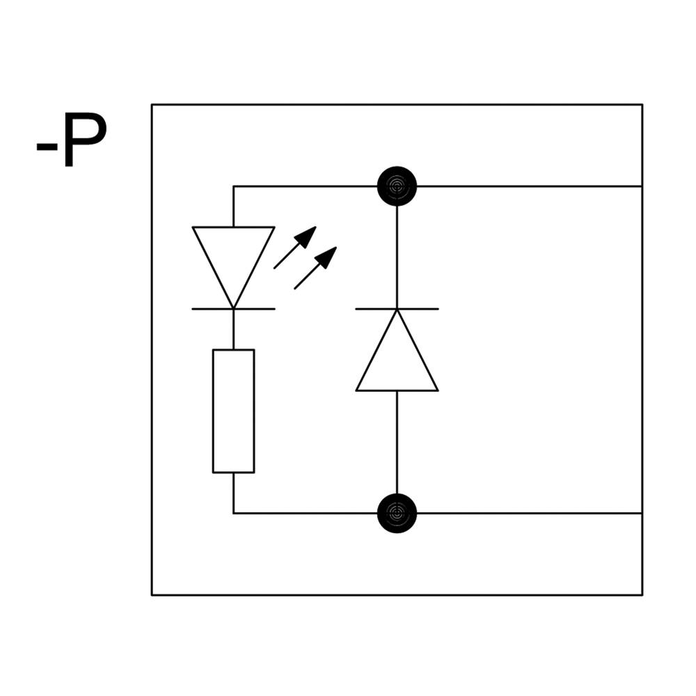 Symbole de commutation montrant un optocoupleur : LED à gauche avec des flèches vers le diode à droite, reliées par une résistance ; désigné comme '-P'.