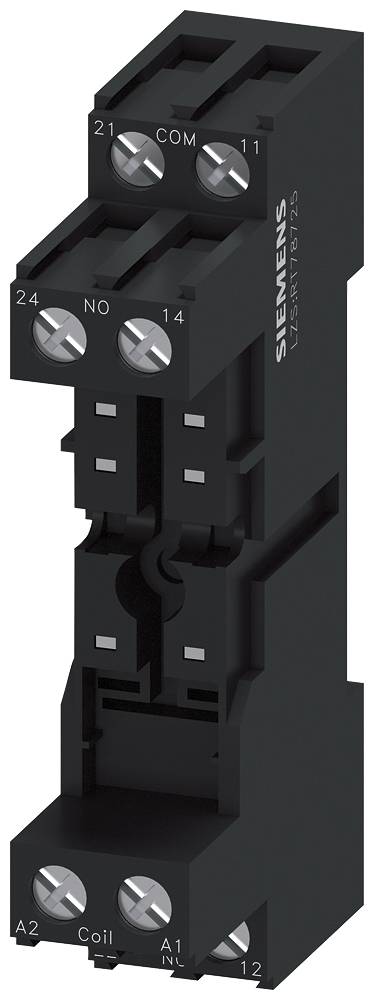 'Socle de relais Siemens 3TX7132-5CB10, adapté aux applications de commande et d'automatisation, forme rectangulaire noire avec bornes.'