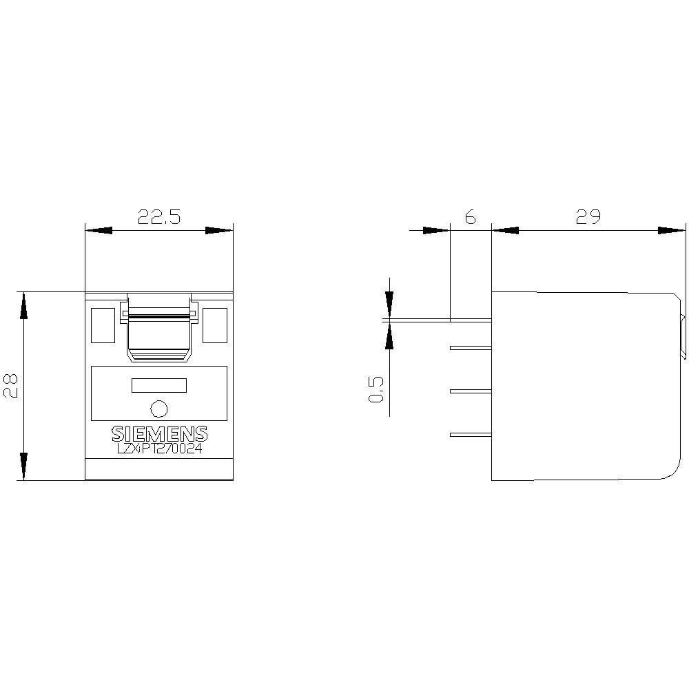 Dessin technique d'un relais Siemens avec dimensions. Vue de face indiquant une hauteur de 28 mm, une largeur de 22,5 mm ; vue latérale montrant une longueur de 29 mm.