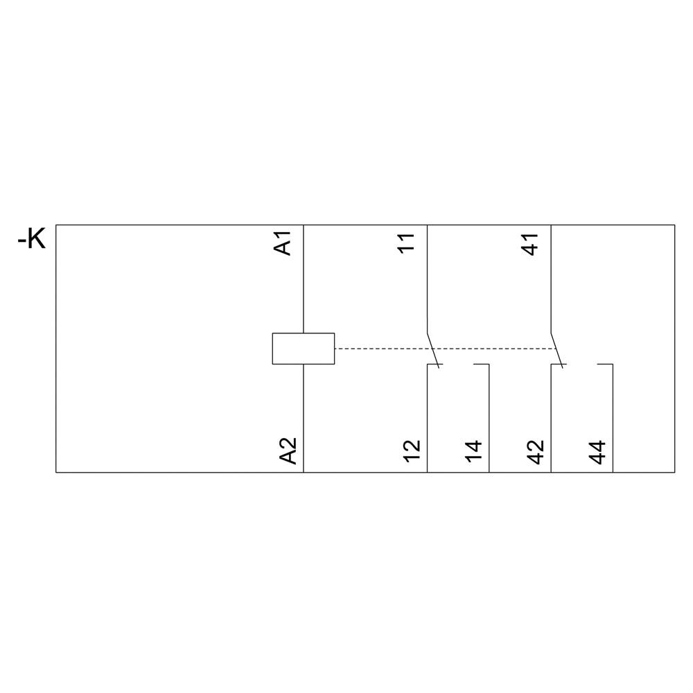 Schéma de câblage : Rectangle avec 'A1', 'A2' à gauche, relié à '11', '12', '14', '41', '42', '44' à droite, symbolisant des lignes électriques.