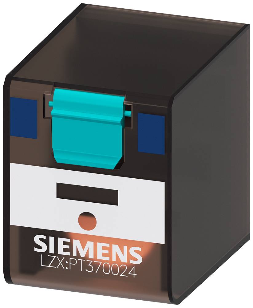 Un boîtier de commutation Siemens noir et rectangulaire avec un couvercle turquoise et l'inscription 'SIEMENS LZX:PT370024' sur la face avant.
