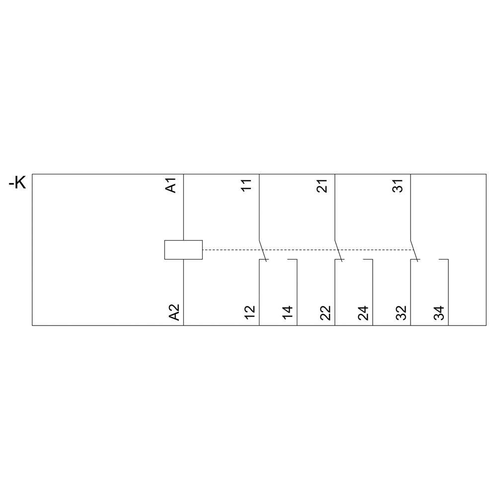 'K' Désignation sur un dessin technique, avec des connexions à des champs carrés étiquetés : 'A1', 'A2', '11', '12', '14', '21', '22', '24', '31', '32', '34'.