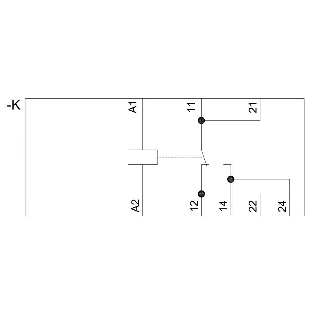 Schéma de connexions d'un relais : Bornes A1/A2 à gauche ; contacts 11, 12, 14, 21, 22, 24 à droite.