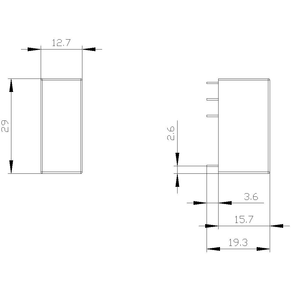 Esquisse d'un dessin technique d'un connecteur rectangulaire avec des dimensions précises : 29 x 12,7 mm ; profondeur de 19,3 mm.