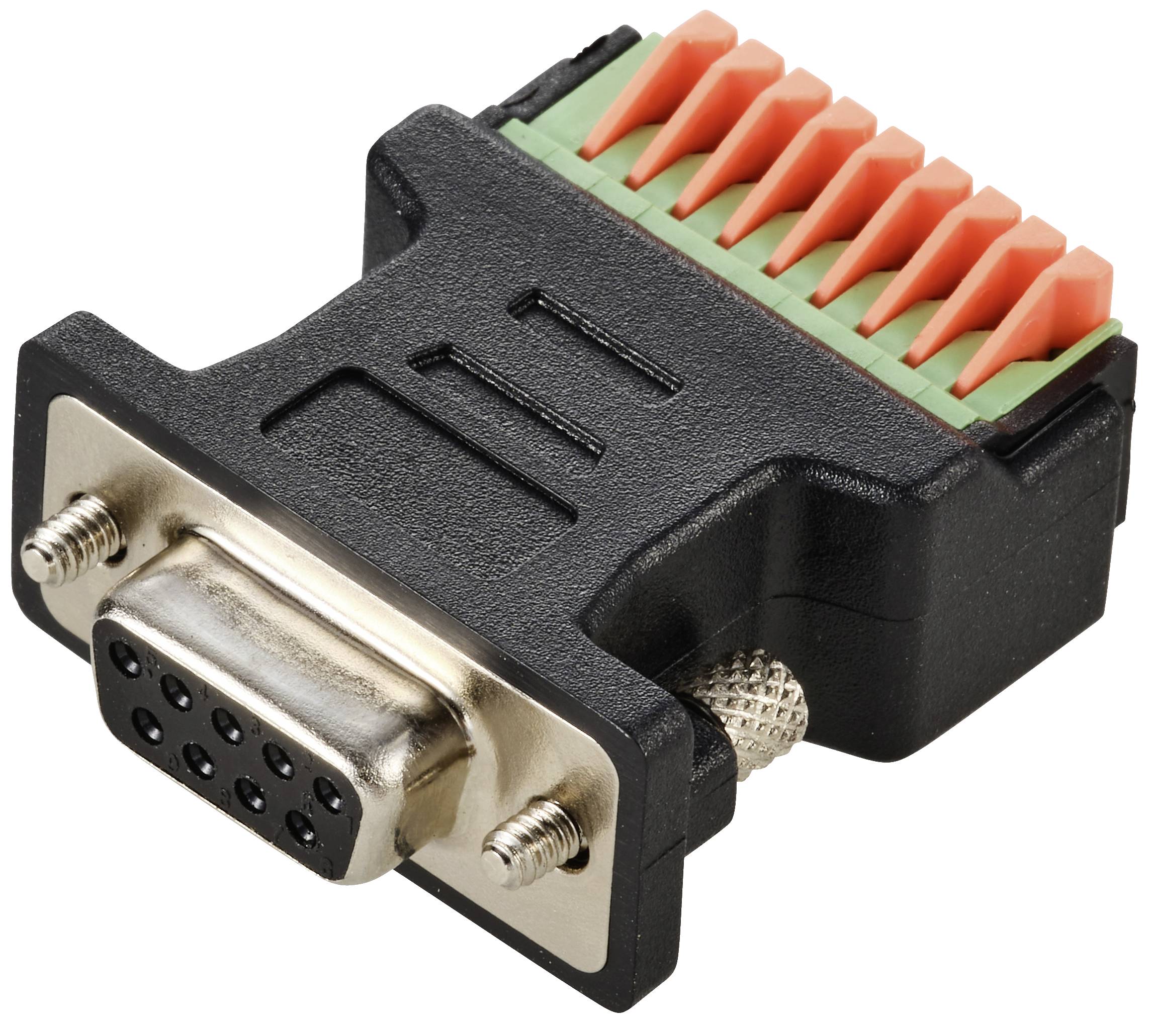 Un adaptateur DB9 noir avec des bornes de connexion rouges, utilisé pour connecter des périphériques série.