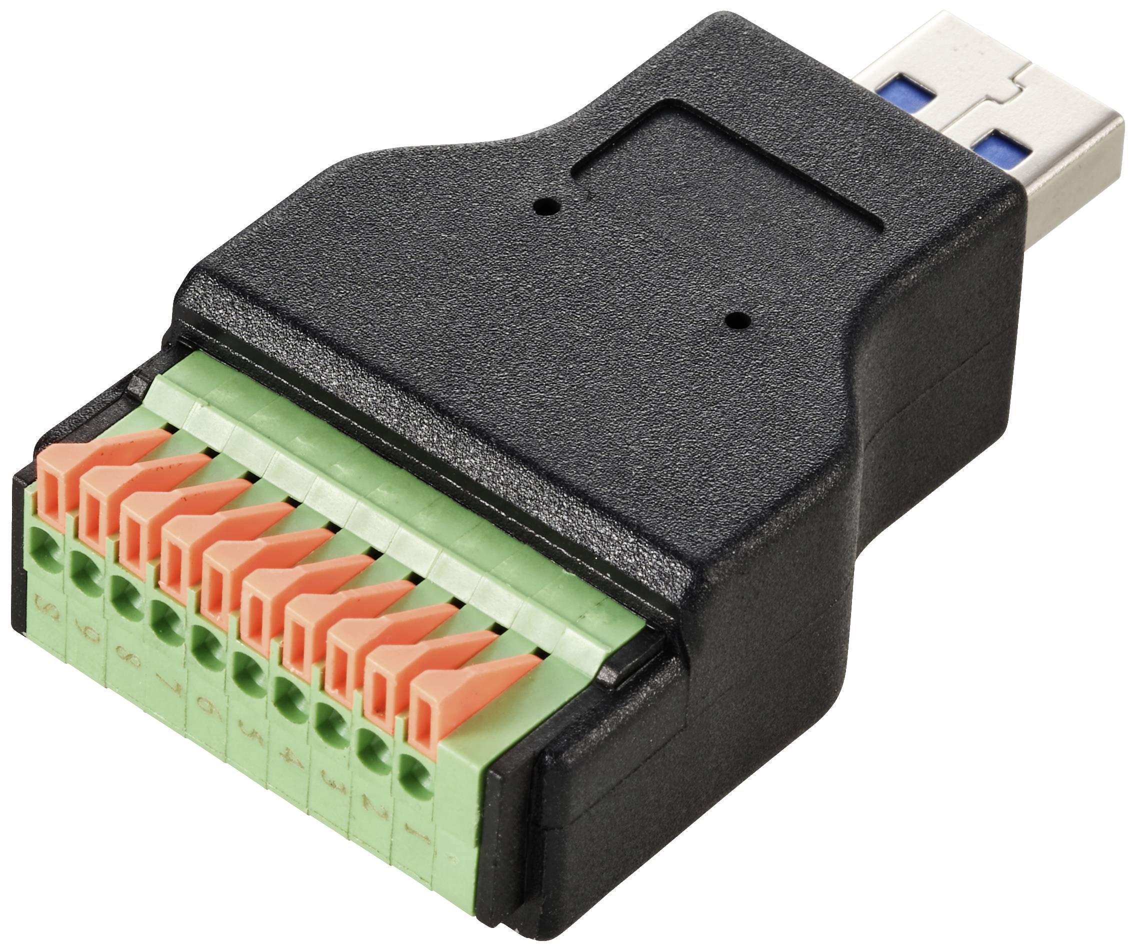 Adaptateur USB noir vers bornier avec des bornes de connexion vertes et des leviers oranges, permettant de raccorder des fils à des appareils USB.