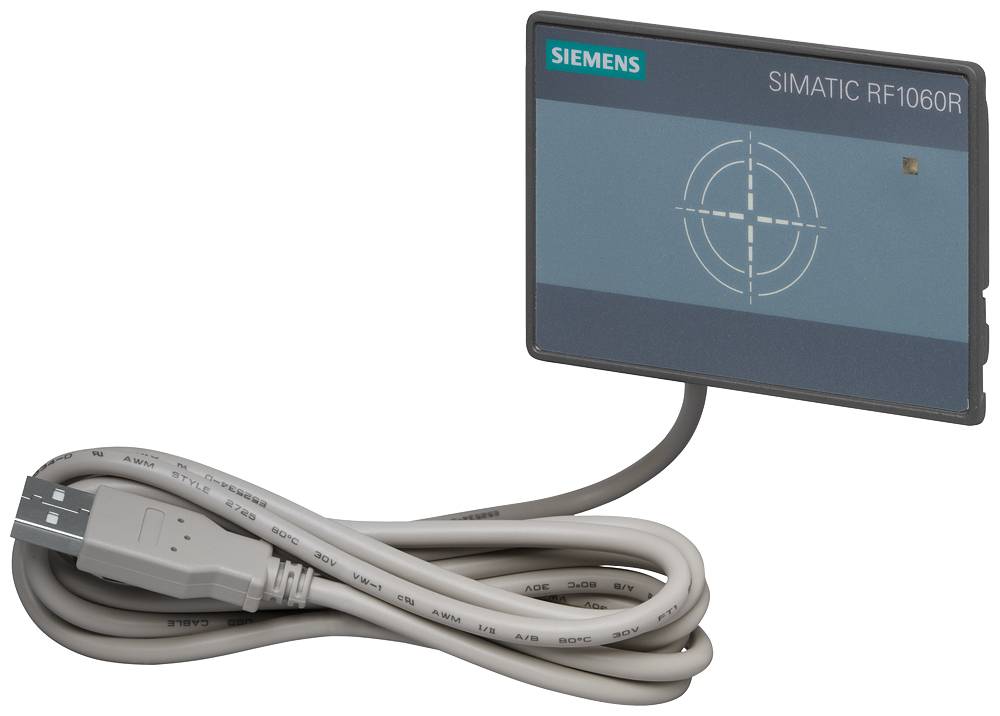 Lecteur RFID Siemens Simatic RF1060R avec câble USB. Appareil pour la collecte de données RFID. Couleur grise, port USB court.