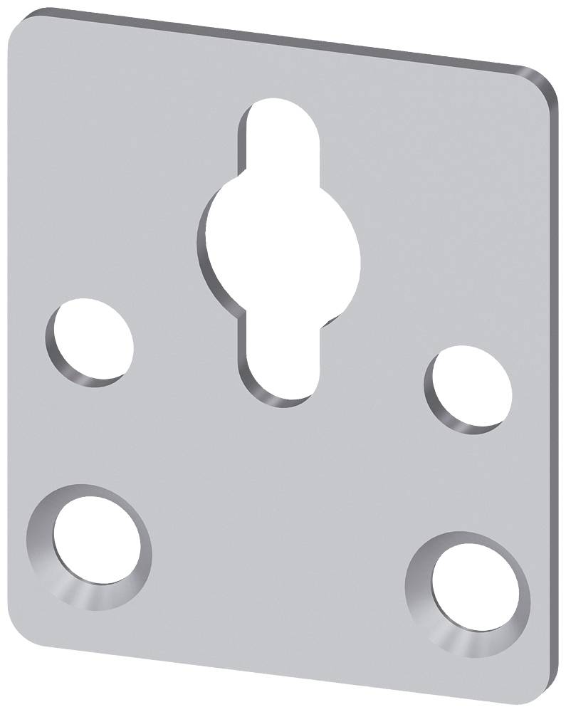 Plaque métallique avec quatre trous de fixation, dont un trou central en forme de clé, souvent utilisée à des fins de montage.
