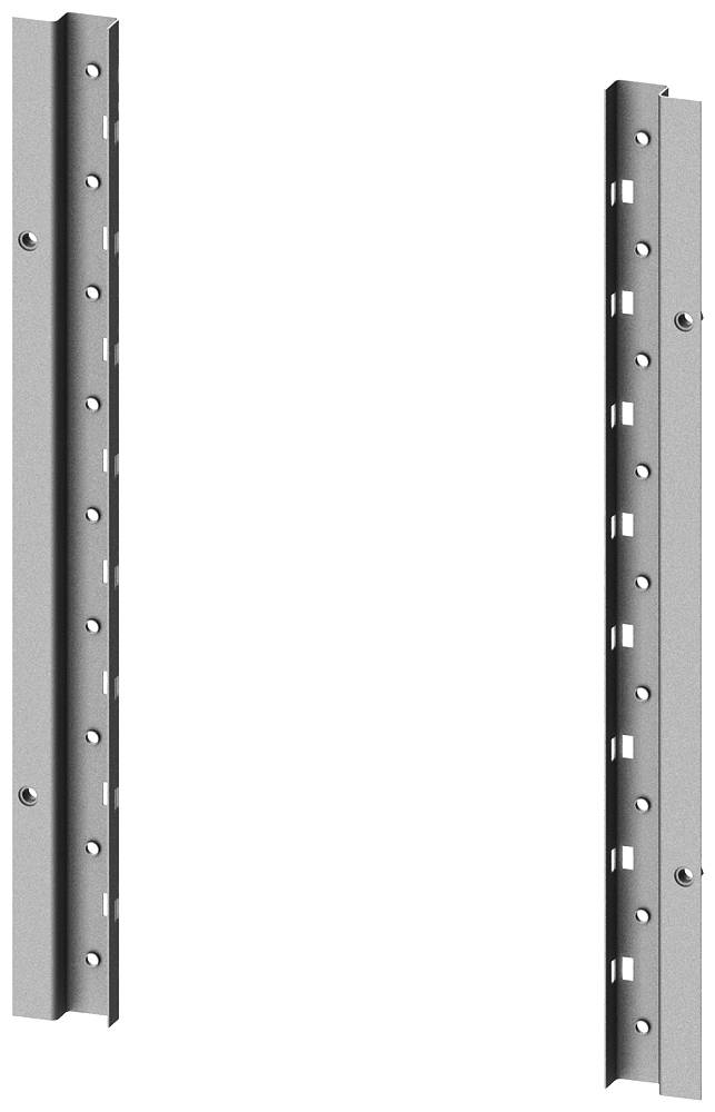 Deux rails métalliques verticaux en argent avec des trous, parallèles l'un à l'autre. Ils sont destinés à être fixés sur un mur.