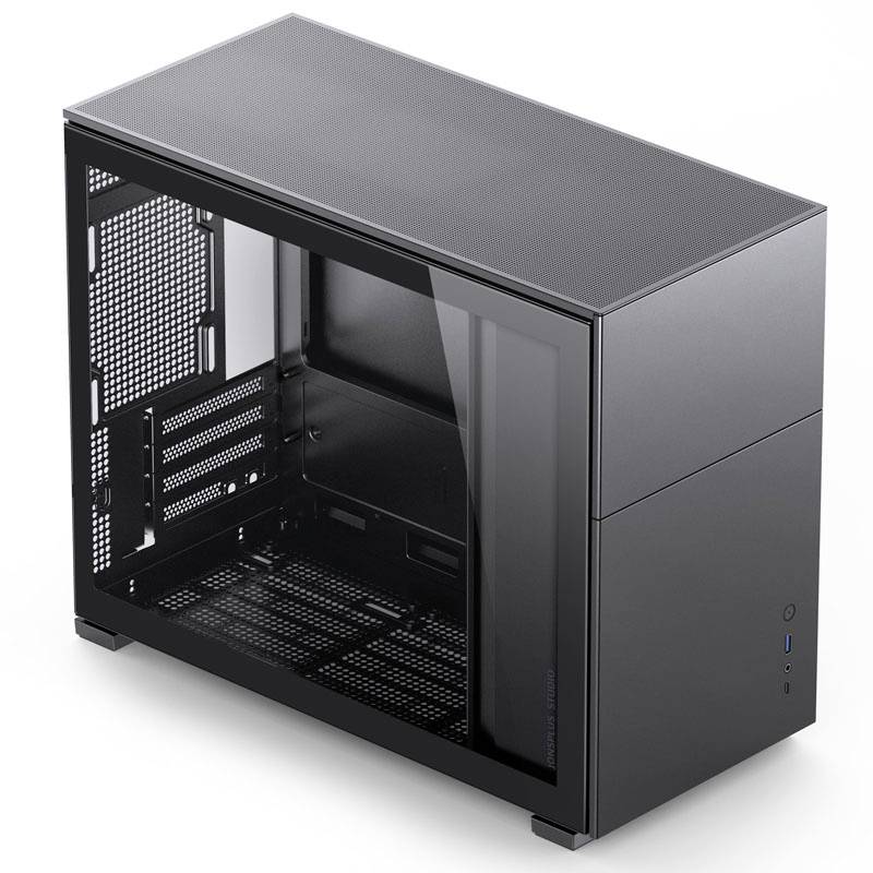 Un boîtier d'ordinateur noir à surface lisse avec une fenêtre latérale transparente qui permet de voir la configuration intérieure.