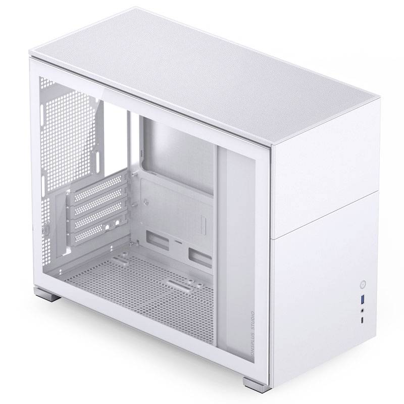 Un boîtier d'ordinateur ouvert, blanc, avec un panneau latéral transparent et plusieurs ports à l'avant.