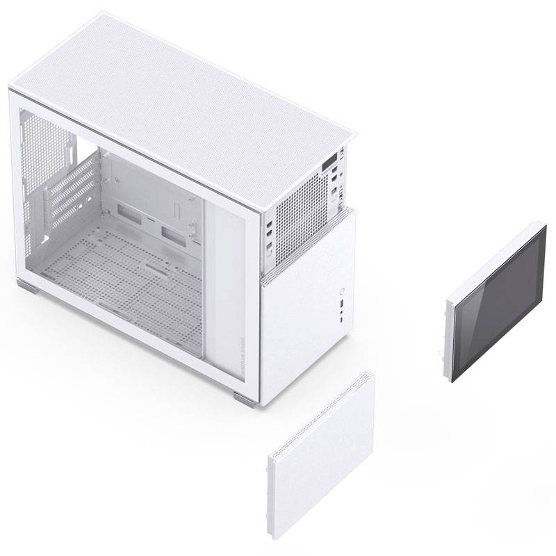 Un boîtier d'ordinateur blanc avec des panneaux amovibles, vu de dessus. Deux panneaux retirés sont placés à côté.