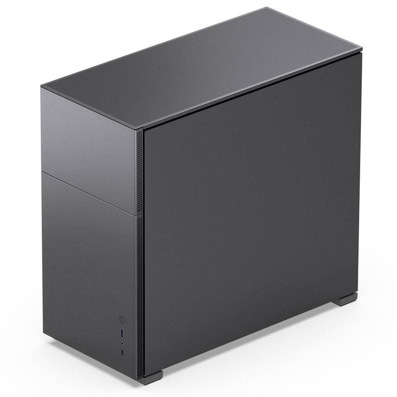 Un boîtier PC noir au design minimaliste. Il présente une surface lisse et une forme compacte, sans aucune connexion visible.
