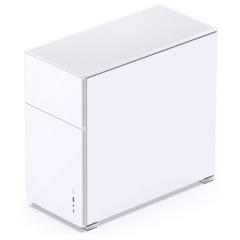 Un boîtier d'ordinateur blanc, minimaliste, à la surface lisse, de forme verticale, doté de plusieurs ports USB sur sa face inférieure.