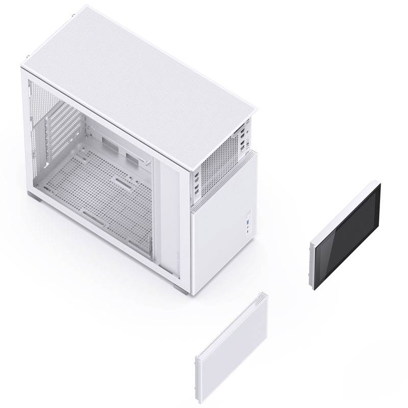 Boîtier d'ordinateur blanc avec les panneaux latéraux retirés flottant à gauche et à droite pour révéler l'intérieur.