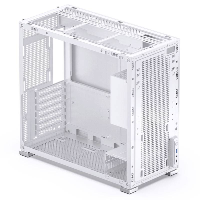 Un boîtier d'ordinateur blanc et vide avec un intérieur ouvert montrant plusieurs emplacements de ventilateurs et d'extension. Idéal pour les PC personnalisés.