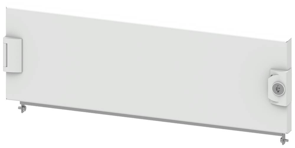 Un panneau métallique rectangulaire blanc avec des vis aux coins et un verrou sur le côté droit. Adapté pour des applications techniques.
