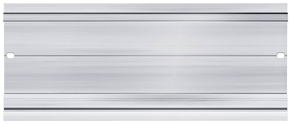 Surface métallique ou argentée, brossée horizontalement, avec deux petits trous de chaque côté, probablement un panneau ou un composant de boîtier.