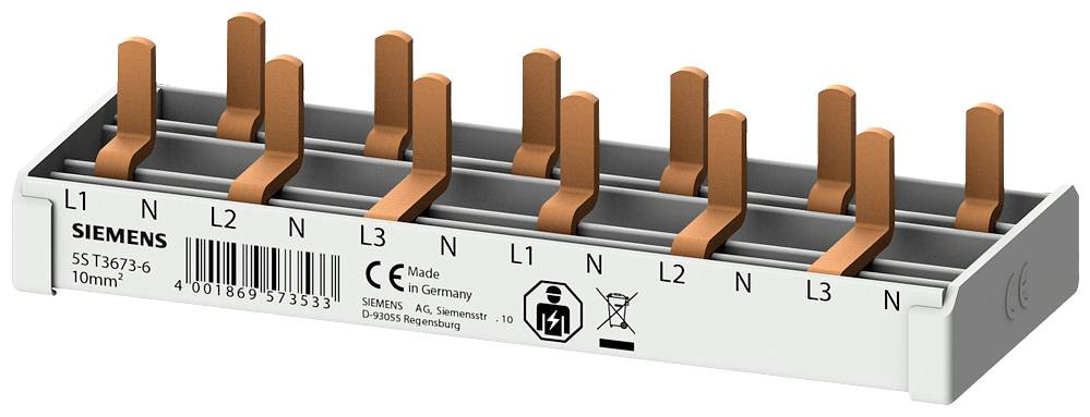 Rail de phase Siemens 10 mm avec connexions en cuivre et étiquetage L1, N, L2, N, L3 pour la distribution des phases électriques. Certifié CE.