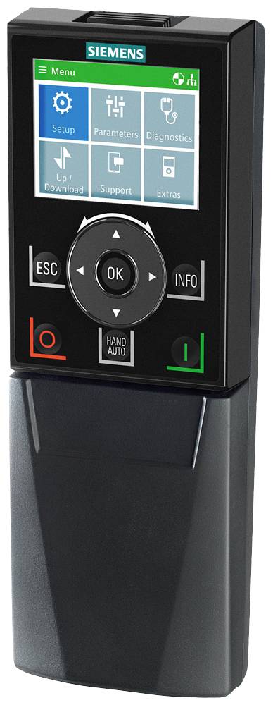 Dispositif de commande portable de Siemens avec écran et touches pour le pilotage de machines. Options : 'Configuration', 'Paramètres', 'Diagnostics'.