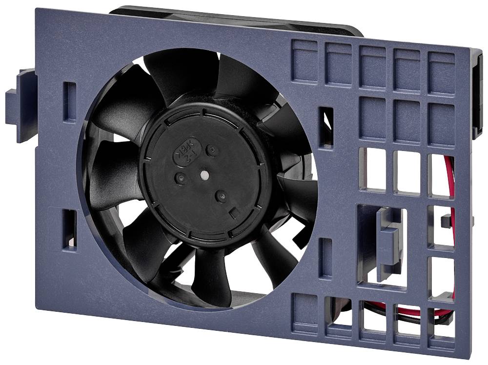 Un ventilateur d'ordinateur noir dans un boîtier rectangulaire bleu, adapté pour le refroidissement des appareils électroniques.