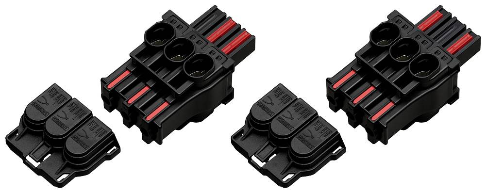 Trois connecteurs noirs avec des câbles rouges, alignés côte à côte, montrent différentes configurations pour la connexion électrique.