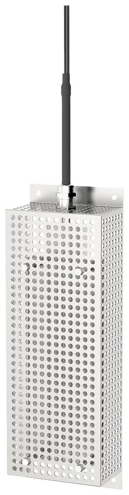 Un amplificateur WiFi métallique allongé à surface perforée, doté d'une antenne en haut, conçu pour améliorer la portée du signal.