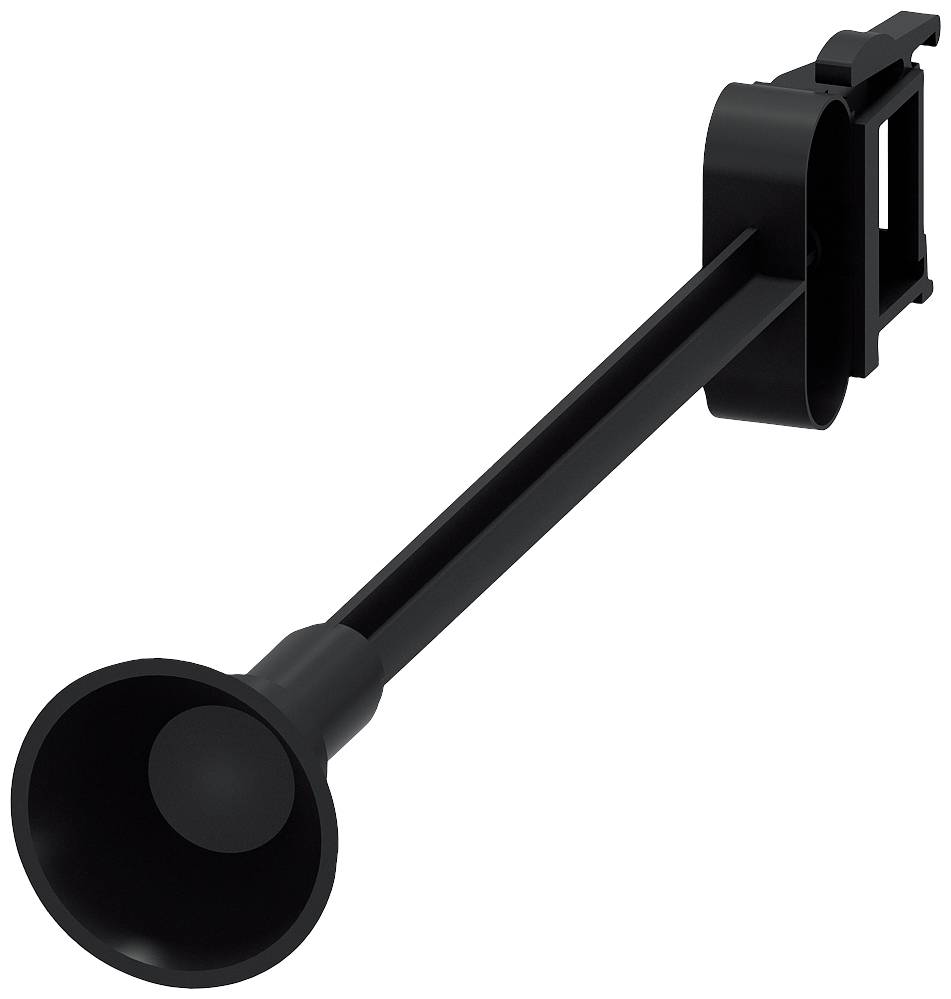 Trompette en plastique noir avec support, utilisée comme klaxon de vélo. Design simple, pratique pour une utilisation dans la circulation routière.