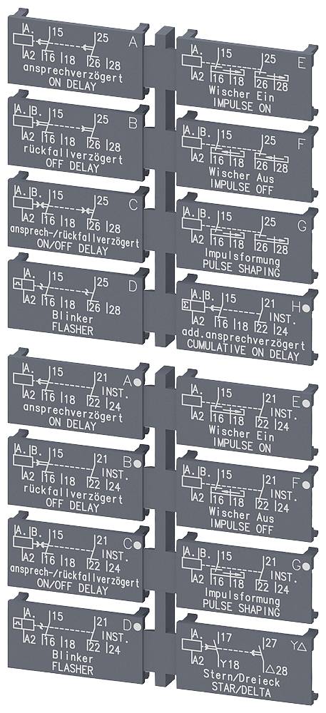 Série de modules de relais électriques avec différentes étiquettes telles que 'IMPULSION ACTIVÉE', 'TEMPORISATION À LA COUPURE' et 'ÉTOILE/TRIANGLE' pour le contrôle.