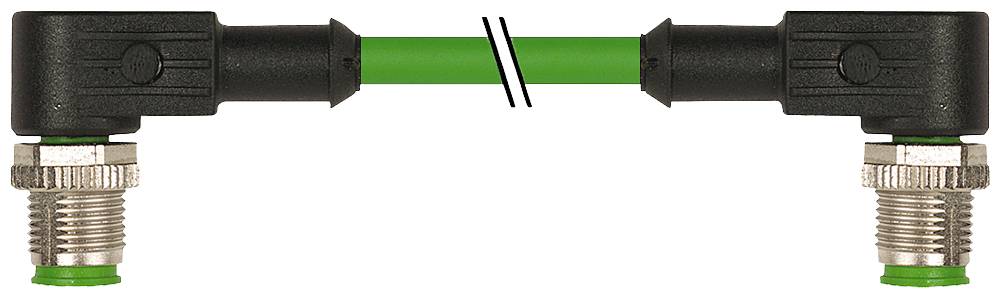 Un câble coaxial vert avec deux fiches à angle droit à chaque extrémité, chacune équipée de filetages argentés.