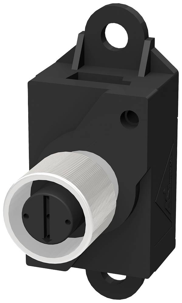 Un interrupteur électrique noir rectangulaire avec un mécanisme rotatif argenté.