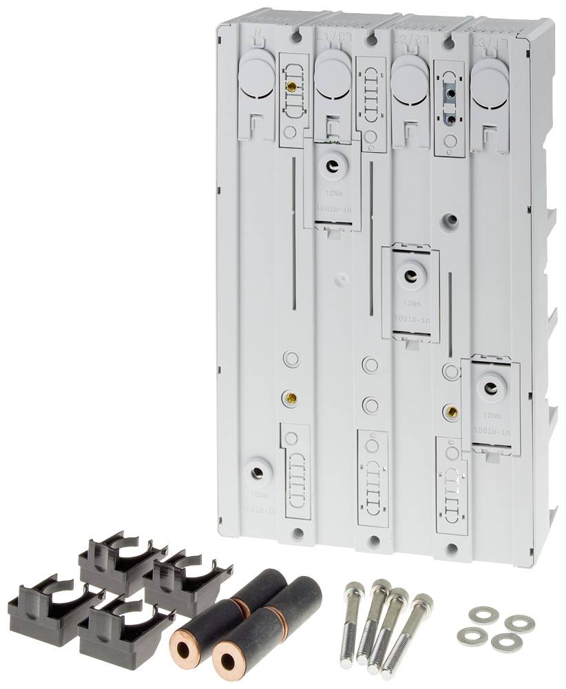 Un module de tableau électrique avec supports de fusibles et accessoires, tels que des bornes, des vis et des connecteurs en cuivre, pour l'installation.