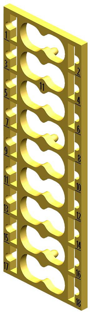 Une grille rectangulaire verticale avec des lettres 'S' stylisées. Des chiffres de 1 à 18 sont répartis sur le bord.
