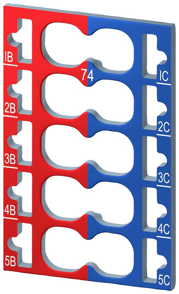 Puzzle bleu et rouge avec des encoches dentelées, étiqueté avec des colonnes de '1B à 5C' sur les côtés droit et gauche, montrant une disposition de cinq rangées.