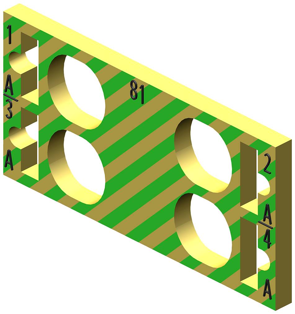 Une planche rectangulaire en bois avec une texture rayée verte et brune, comportant plusieurs découpes rondes et rectangulaires, ainsi que des bords numérotés.