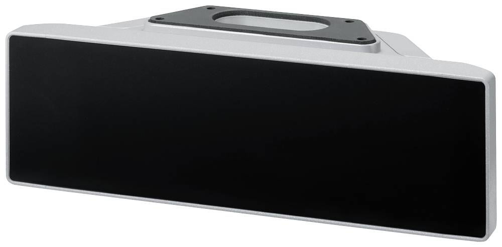 Un appareil rectangulaire noir avec un cadre métallique et des bords arrondis. Un support avec des trous de vis est visible sur le dessus.