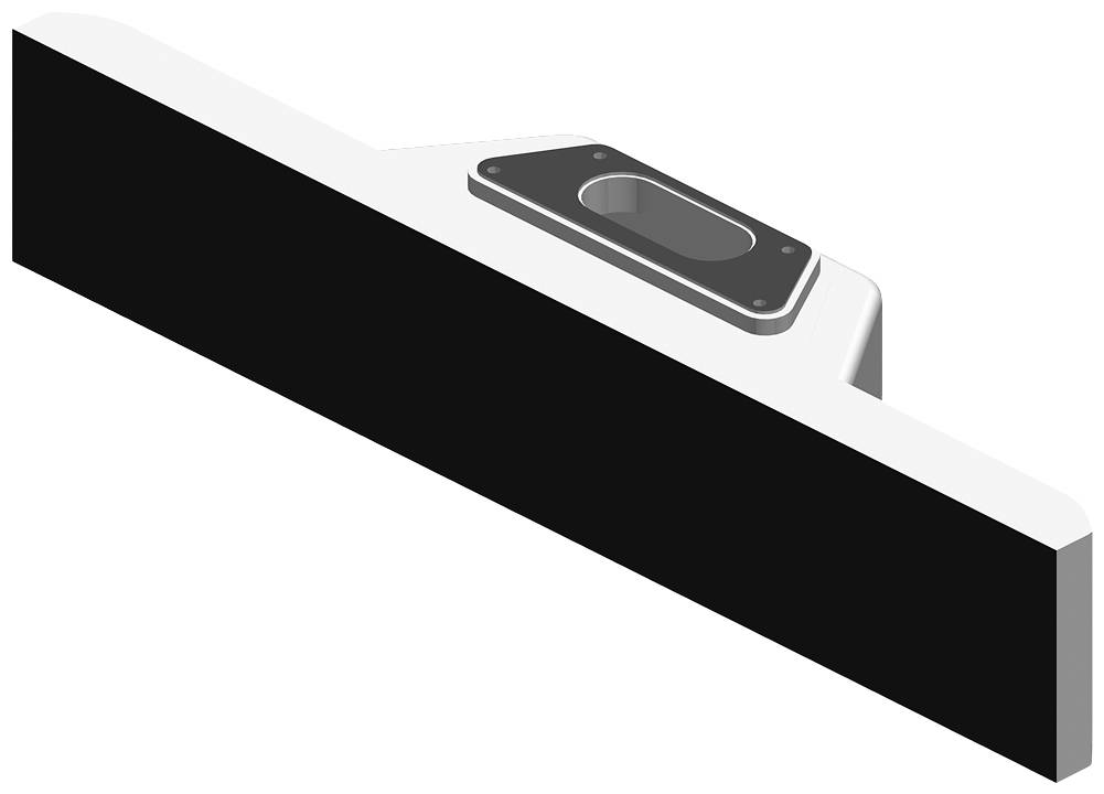 Un objet rectangulaire noir et blanc avec une plaque métallique sur le dessus, probablement une partie d'un outil ou d'un appareil.