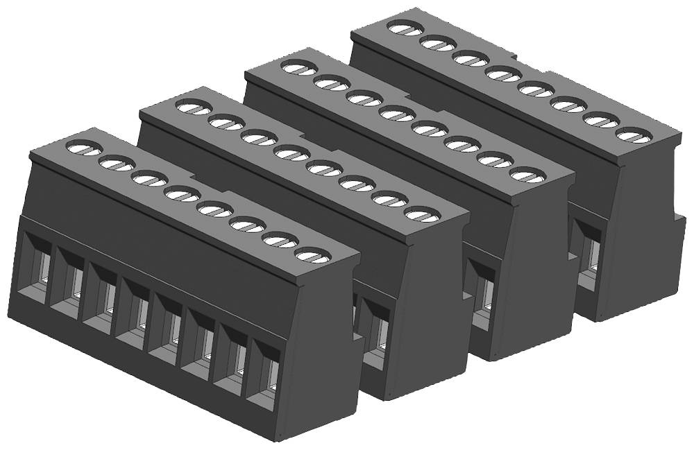 Quatre connecteurs noirs à multiples ouvertures de contacts, disposés selon un angle. Adaptés pour les connexions électriques.