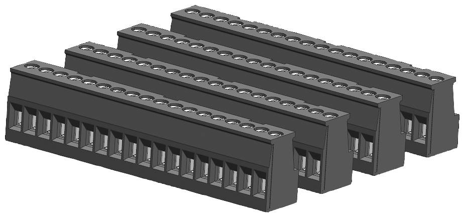 Quatre connecteurs noirs rectangulaires à plusieurs unités de contact, présentés dans une vue en perspective de dessus.