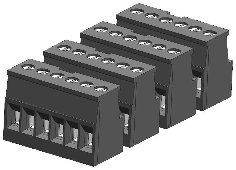 Connecteur électrique empilé noir et gris à quatre entrées, représenté en vue latérale.