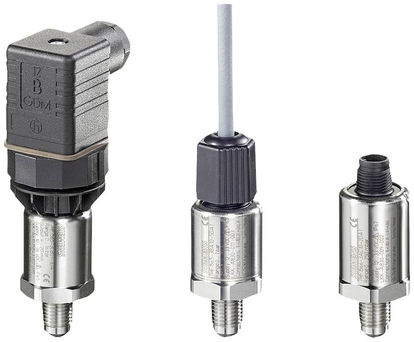 Trois capteurs de pression avec des connexions électriques différentes sont disposés côte à côte. Ils sont en métal et ont des formes cylindriques.