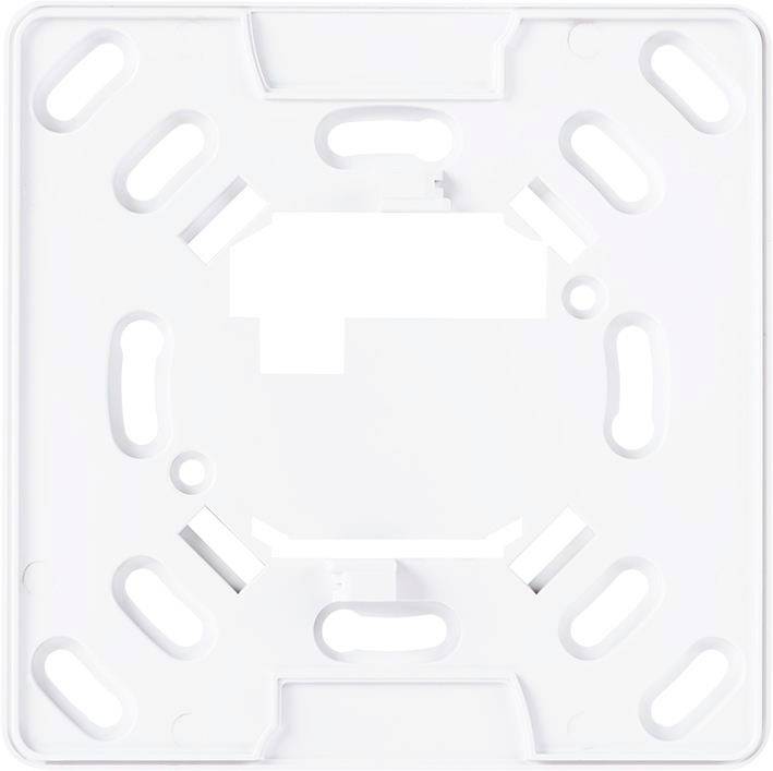 Plaque de montage blanche carrée avec plusieurs découpes et trous symétriques, prévue pour une fixation murale ou au plafond.