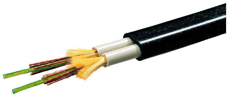 Un câble à fibre optique avec plusieurs fibres de verre et des gaines de protection colorées pour la transmission de données.