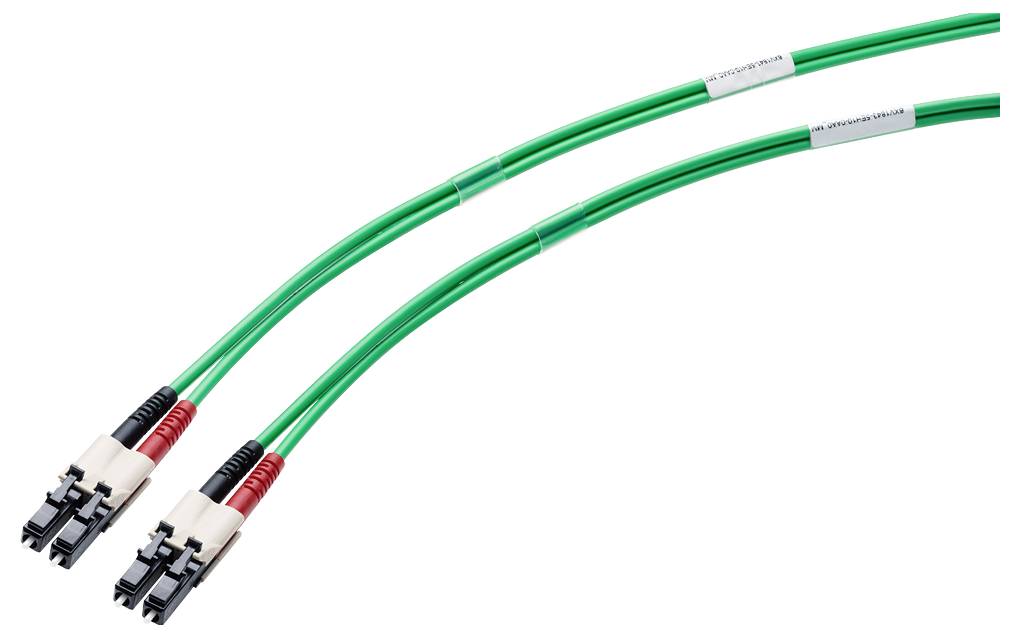 Deux câbles à fibre optique verts avec connecteurs noirs et rouges. Idéal pour la transmission de données haute vitesse dans les systèmes de réseau.