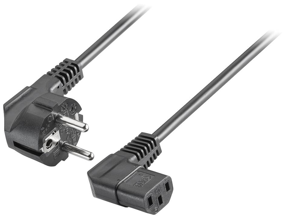 'Câble réseau noir avec fiche Schuko et fiche IEC, utilisé pour connecter des ordinateurs et des appareils électriques à une source d'alimentation.'