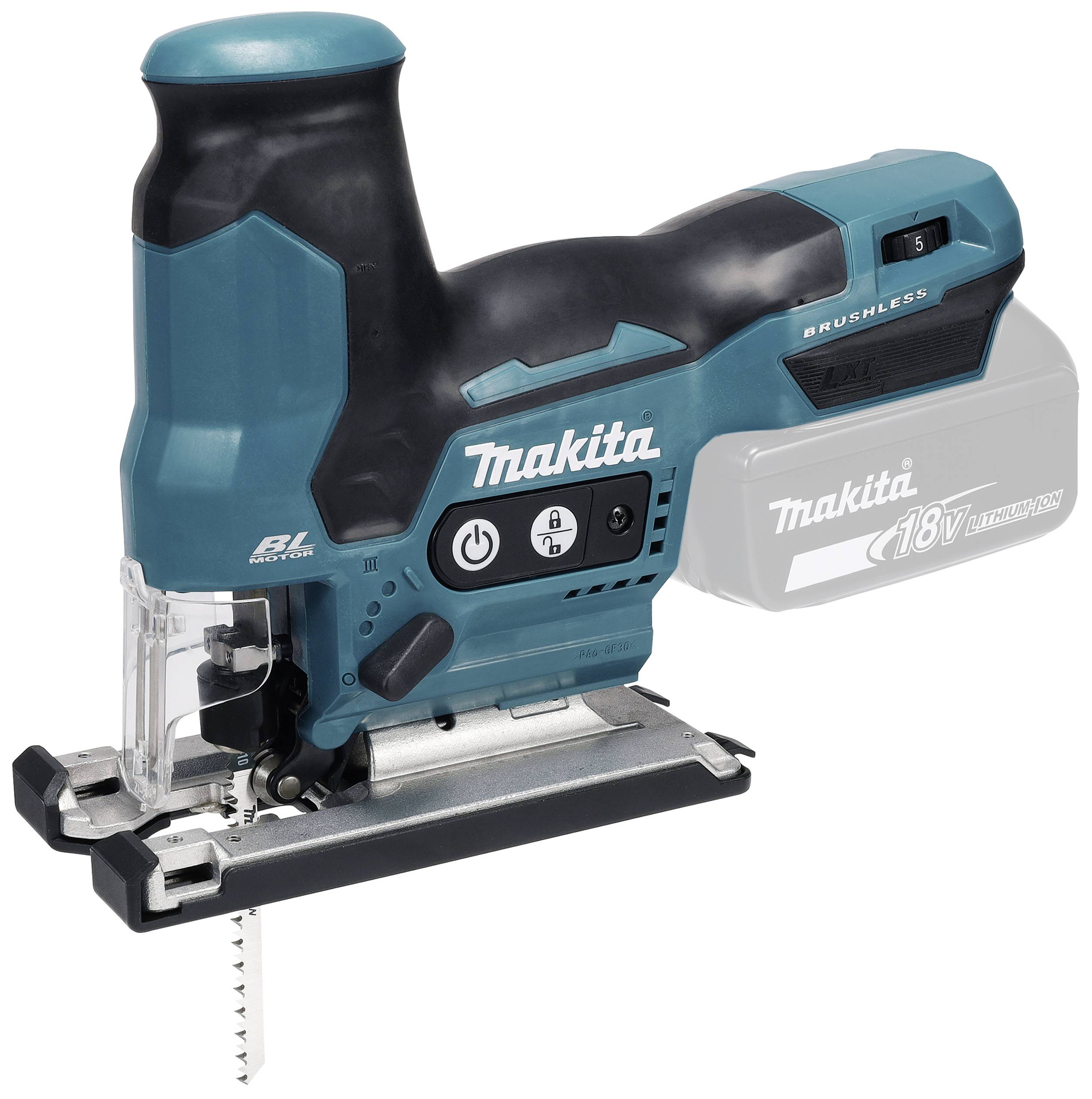 Une scie sauteuse sans fil Makita avec batterie 18V, poignée ergonomique et vitesse réglable. Adaptée aux travaux sur bois et métaux.