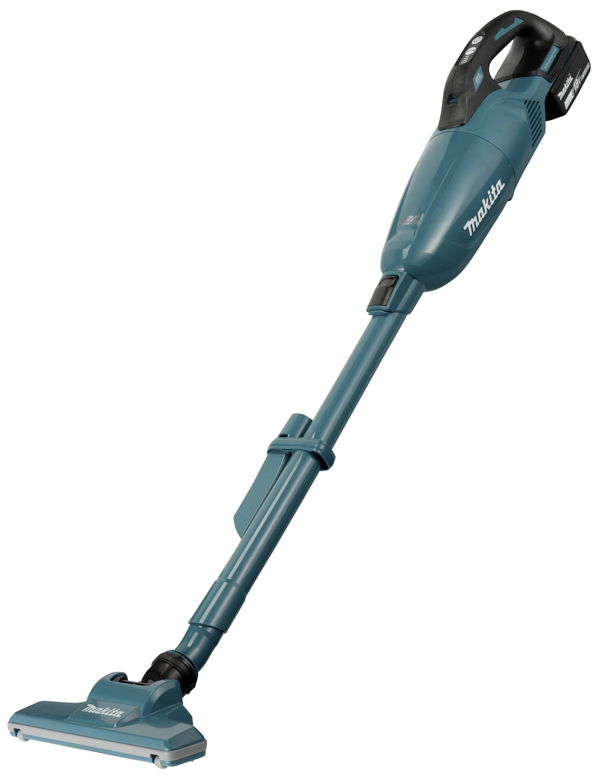 Aspirateur à main sans fil bleu, avec tube d'extension et brosse de sol, adapté pour un nettoyage domestique flexible.